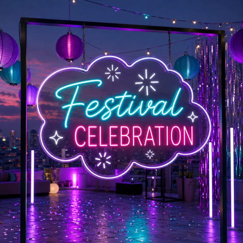 Colourful Rooftop Festival Celebration Neon Sign