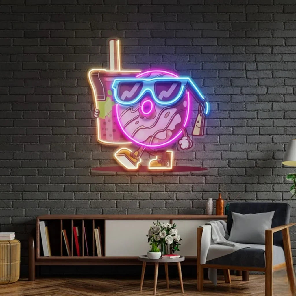 Cool Donut Holding A Tea Cup UV Print Neon Sign