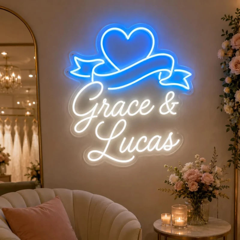Couple Name Heart Ribbon Neon Sign
