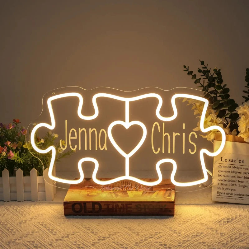 Couples Name & Puzzle Piece Heart Neon Sign Decor