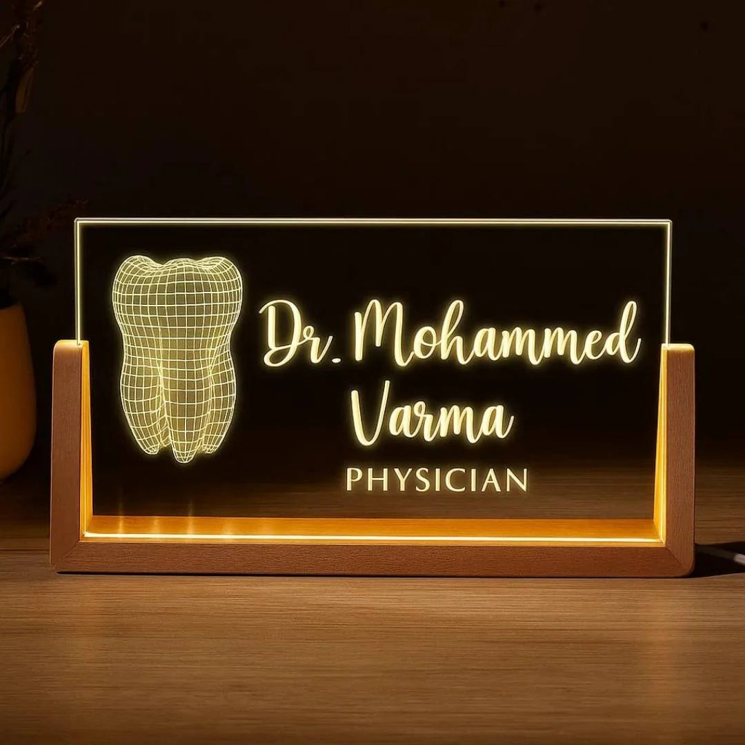 Custom LED Doctor Name Plate With Wooden Base