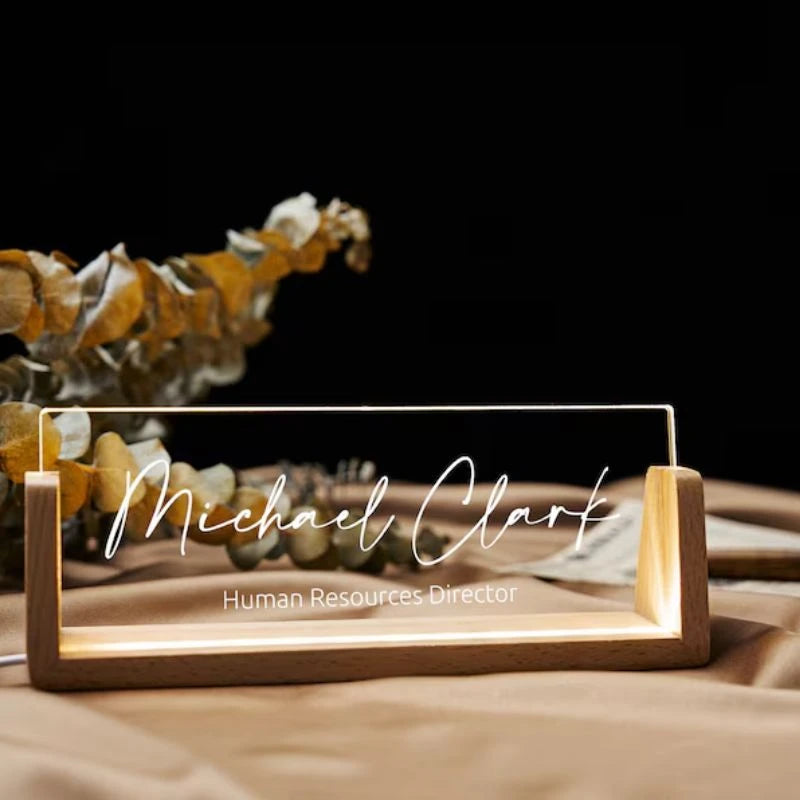 Custom Office LED Name Plate Features A Wooden Base With A Personalized Acrylic Sign