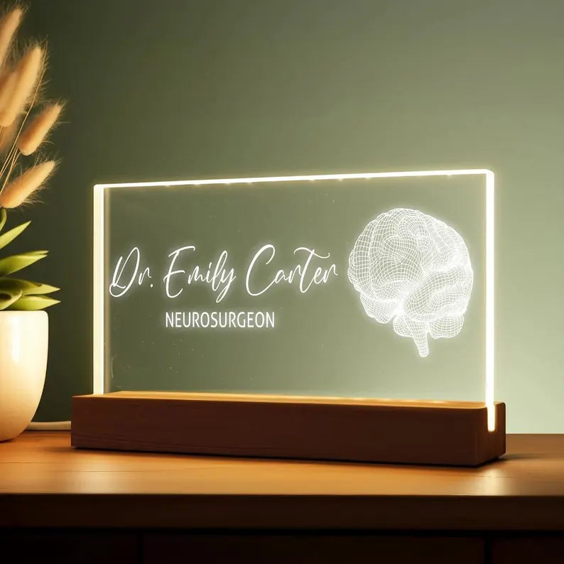 Customizable LED Name Plate Features A Detailed Brain Illustration