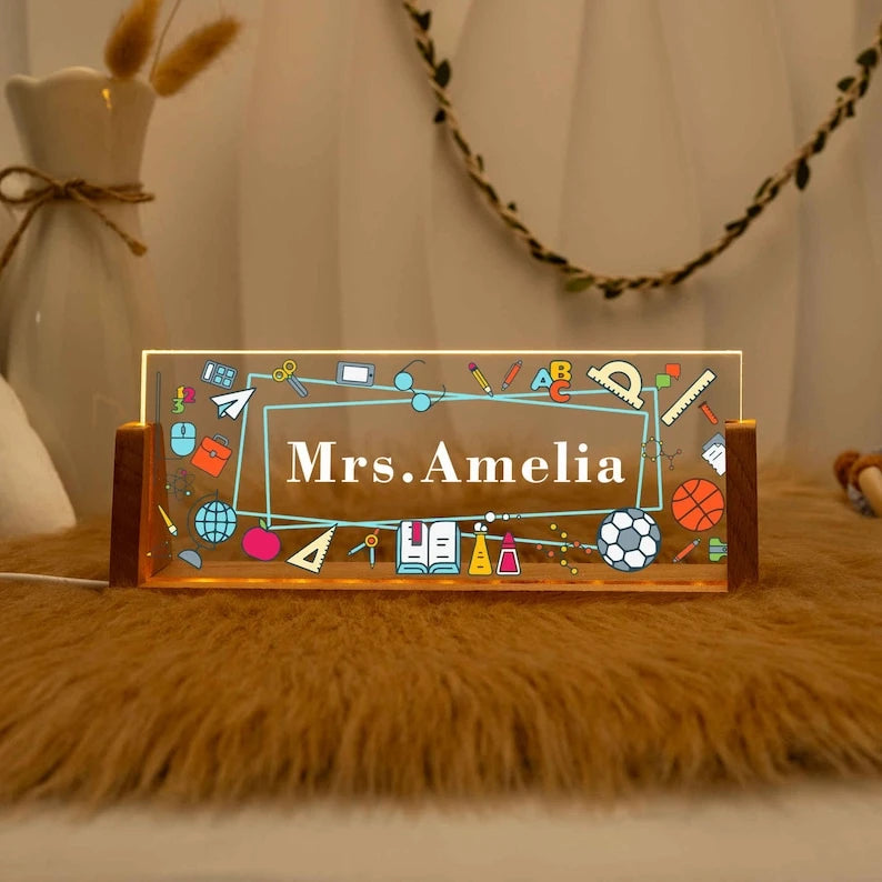 Customized Acrylic Desk LED Name Plate Features A Teacher Themed Design