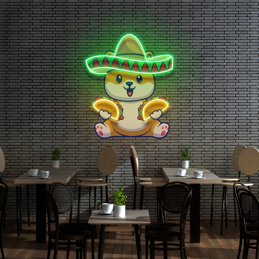 Cute Dog Eating Tacos With Sombrero Hat LED Neon Light