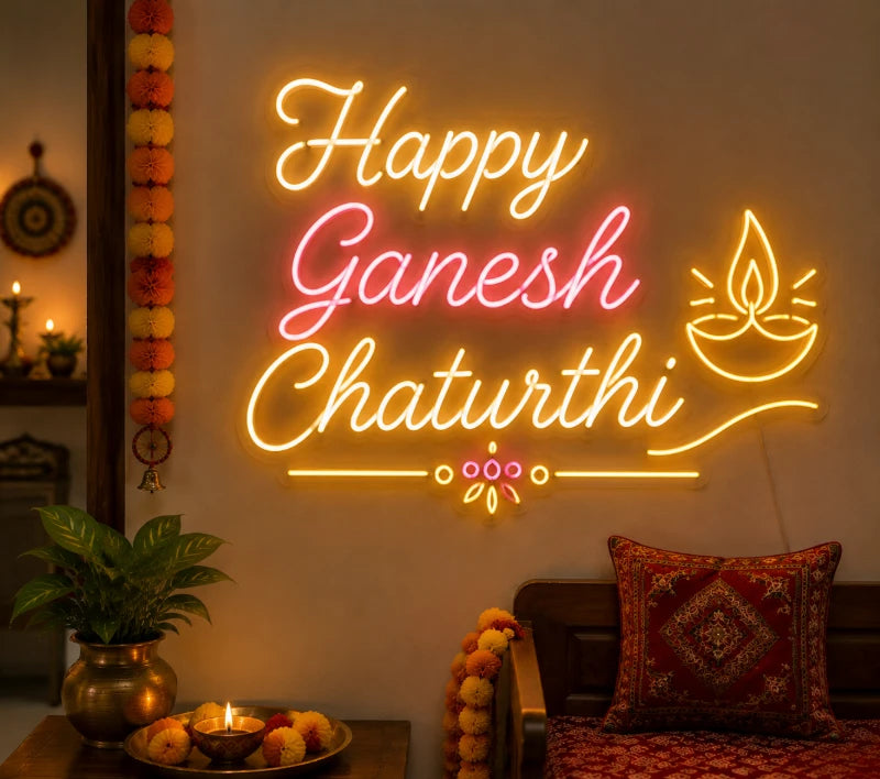 Happy Ganesh Chaturthi Diya Neon Sign