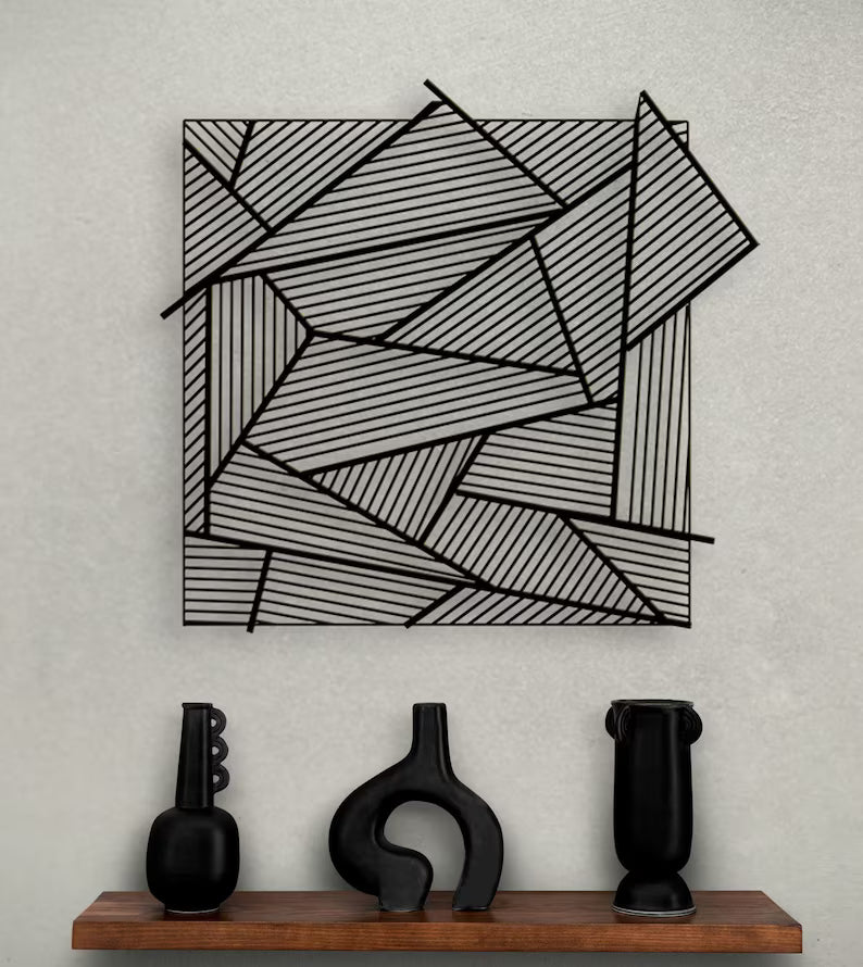 Abstract Black Line Design Square Panel Wooden Wall Decor