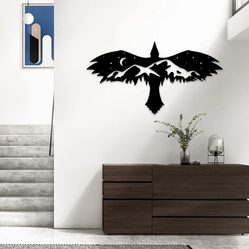 Black Eagle With Mountain Wall Art