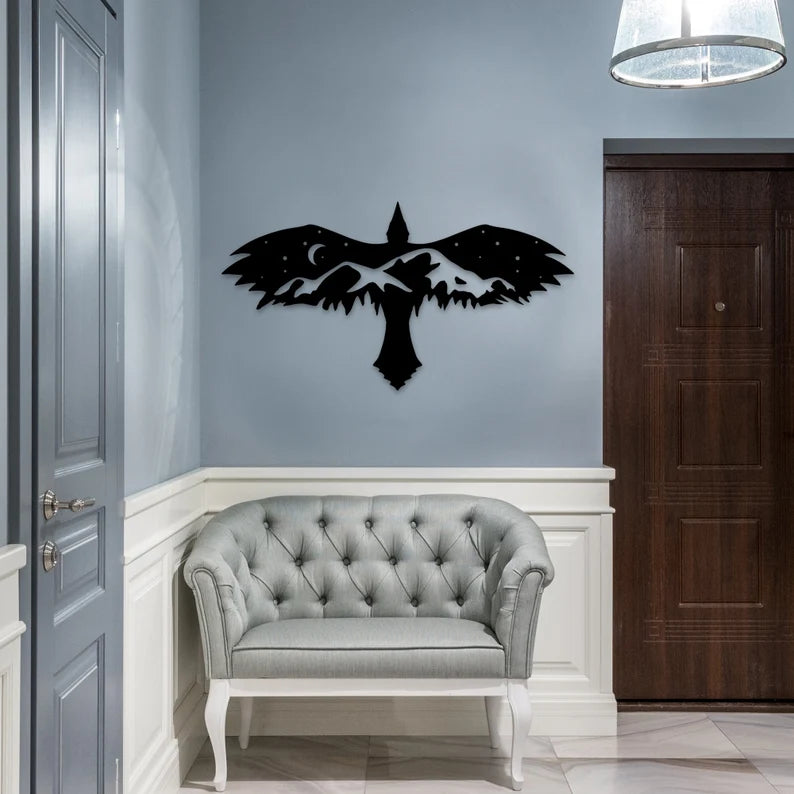 Black Eagle With Mountain Wall Art