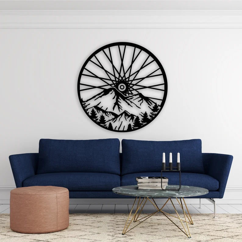 Mountain Tree and Cyclist Wooden Wall Art