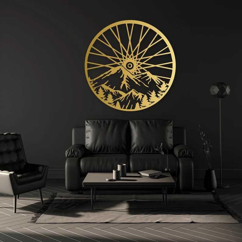 Mountain Tree and Cyclist Wooden Wall Art