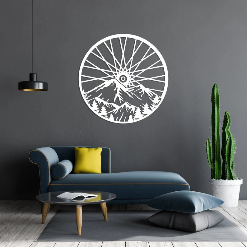 Mountain Tree and Cyclist Wooden Wall Art