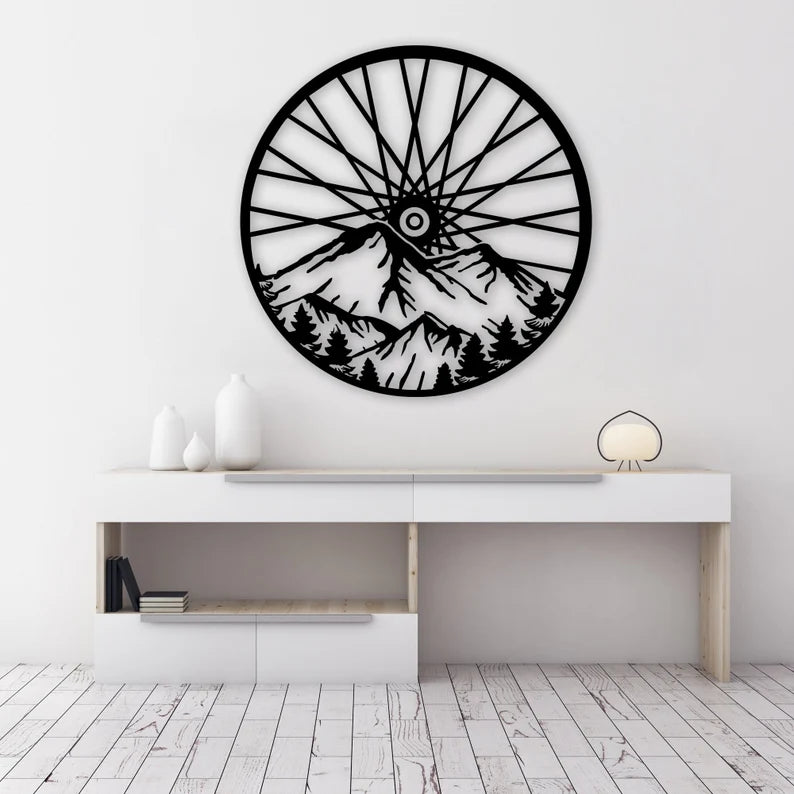 Mountain Tree and Cyclist Wooden Wall Art