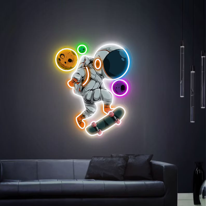 Spaceman Playing Skateboard Digital Neon Sign Art