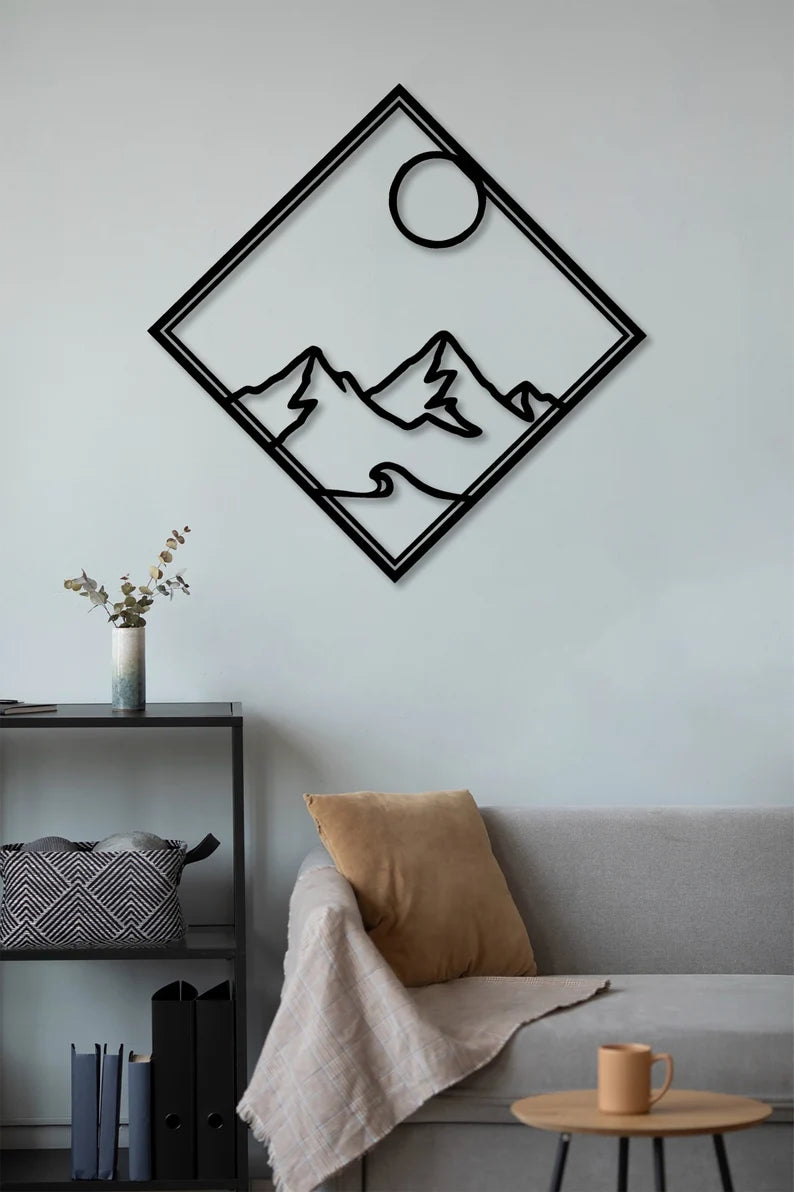 Extra Large Mountain and Sun Wooden Wall Decor
