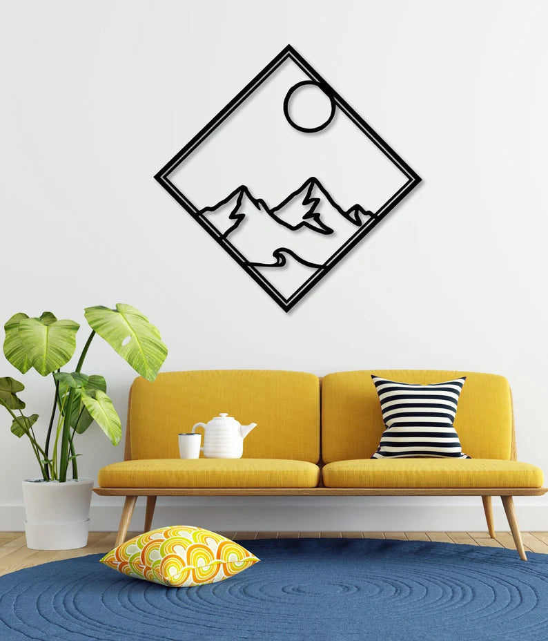 Extra Large Mountain and Sun Wooden Wall Decor