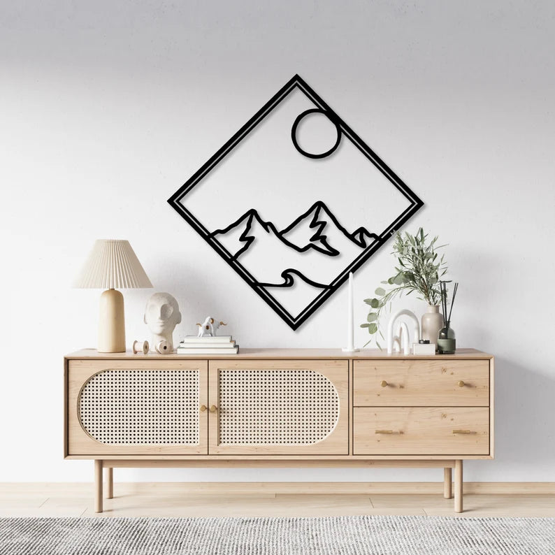Extra Large Mountain and Sun Wooden Wall Decor