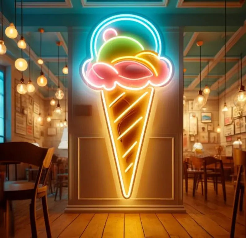 Digital Neon Ice Cream Cone with Balloons