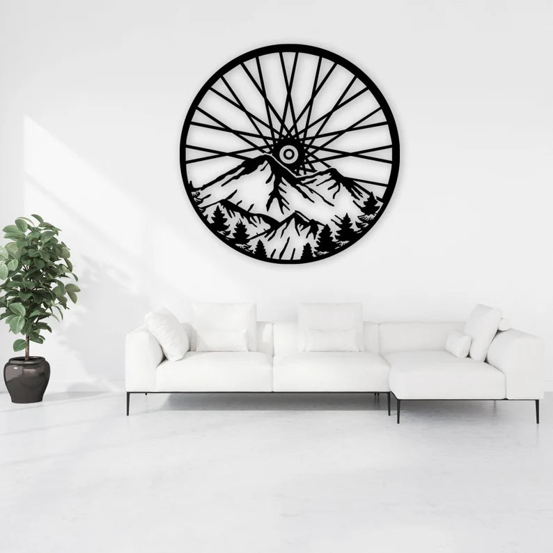 Mountain Tree and Cyclist Wooden Wall Art