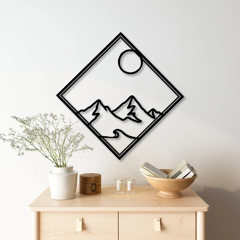 Extra Large Mountain and Sun Wooden Wall Decor