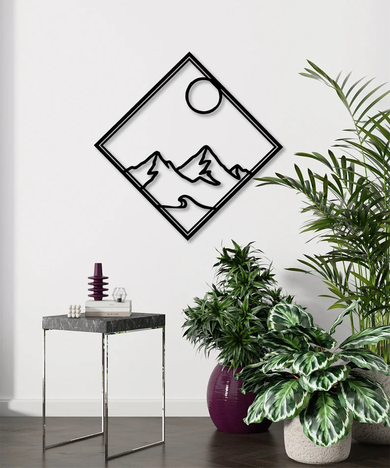Extra Large Mountain and Sun Wooden Wall Decor