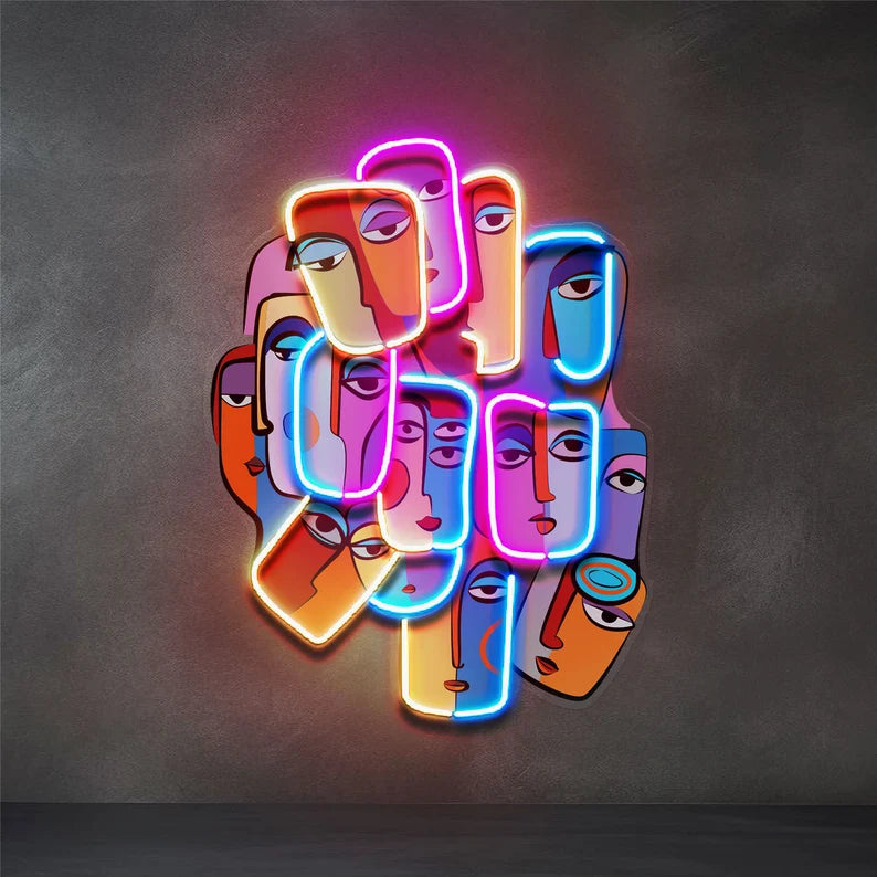 Multiple Colorful Faces Abstract Digital Neon LED Art