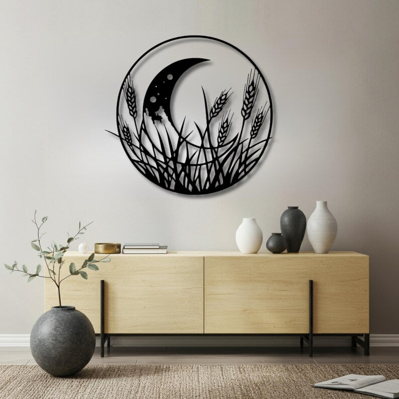 Moon Wheat Field Wooden Wall Art