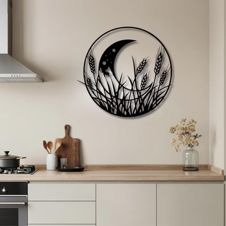 Moon Wheat Field Wooden Wall Art