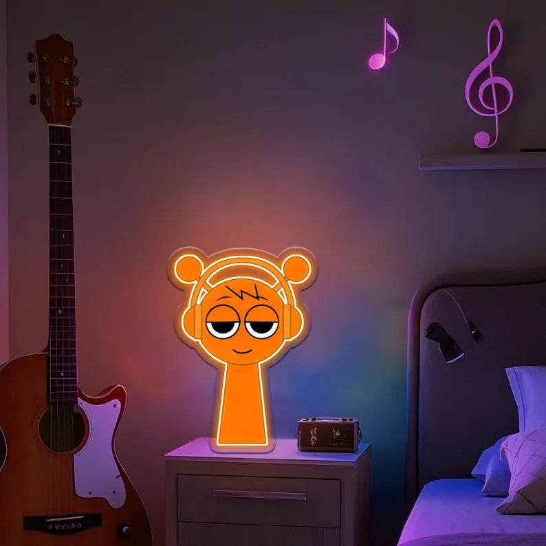 Cartoon DJ Neon Sign: Orange Gaming Room Wall Art