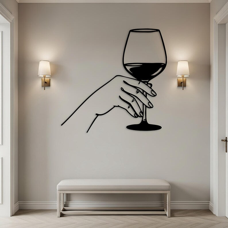 Hand Holding Wine Line Wooden Art
