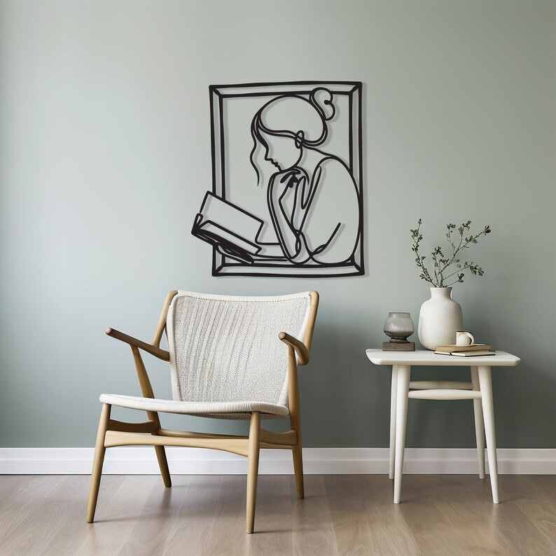 Wooden Wall Art Reading Girl Line Art