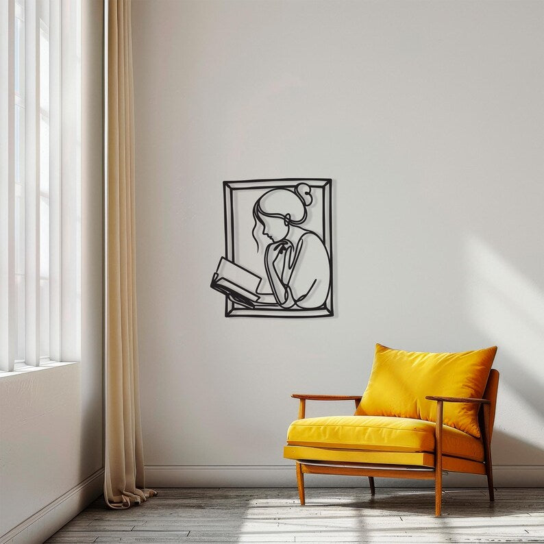 Wooden Wall Art Reading Girl Line Art