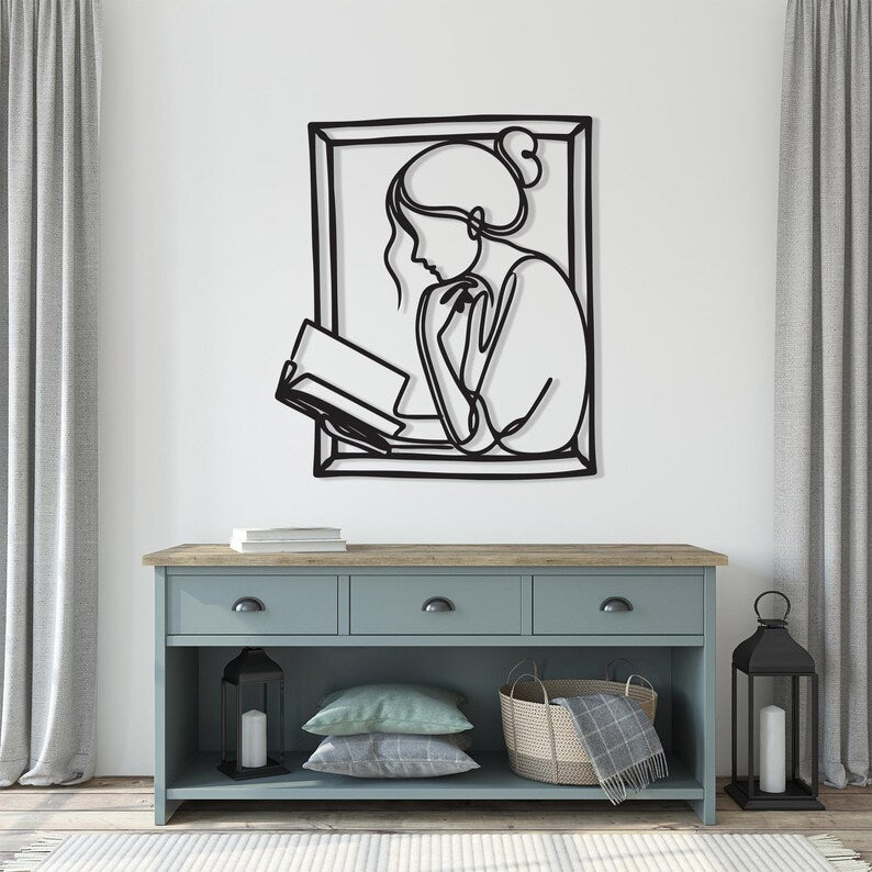 Wooden Wall Art Reading Girl Line Art