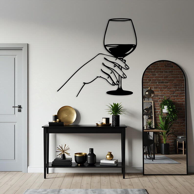 Hand Holding Wine Line Wooden Art