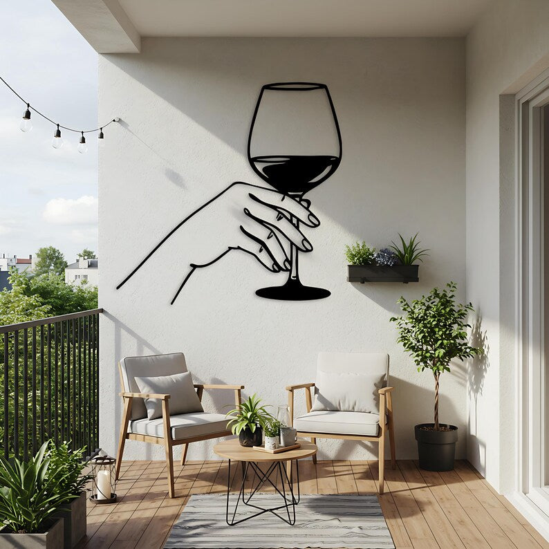 Hand Holding Wine Line Wooden Art
