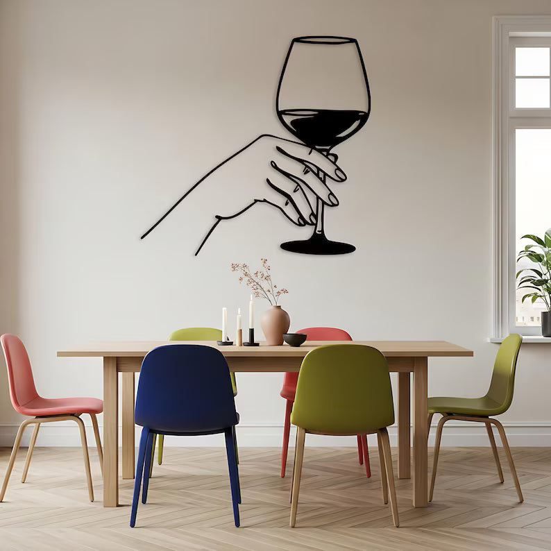 Hand Holding Wine Line Wooden Art