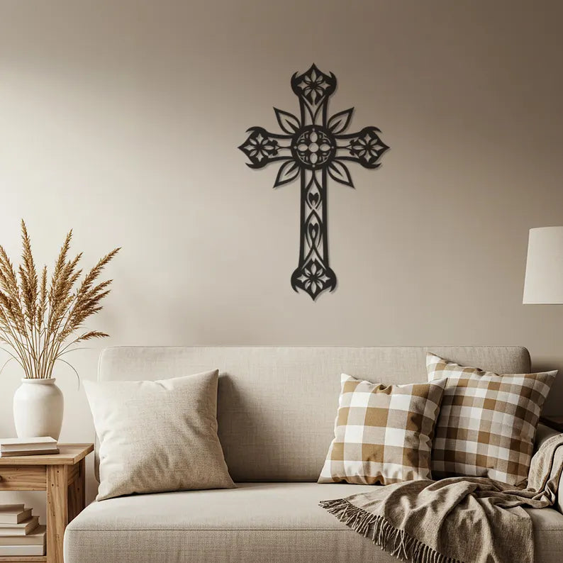 Floral Scroll Cross Wooden Wall Art