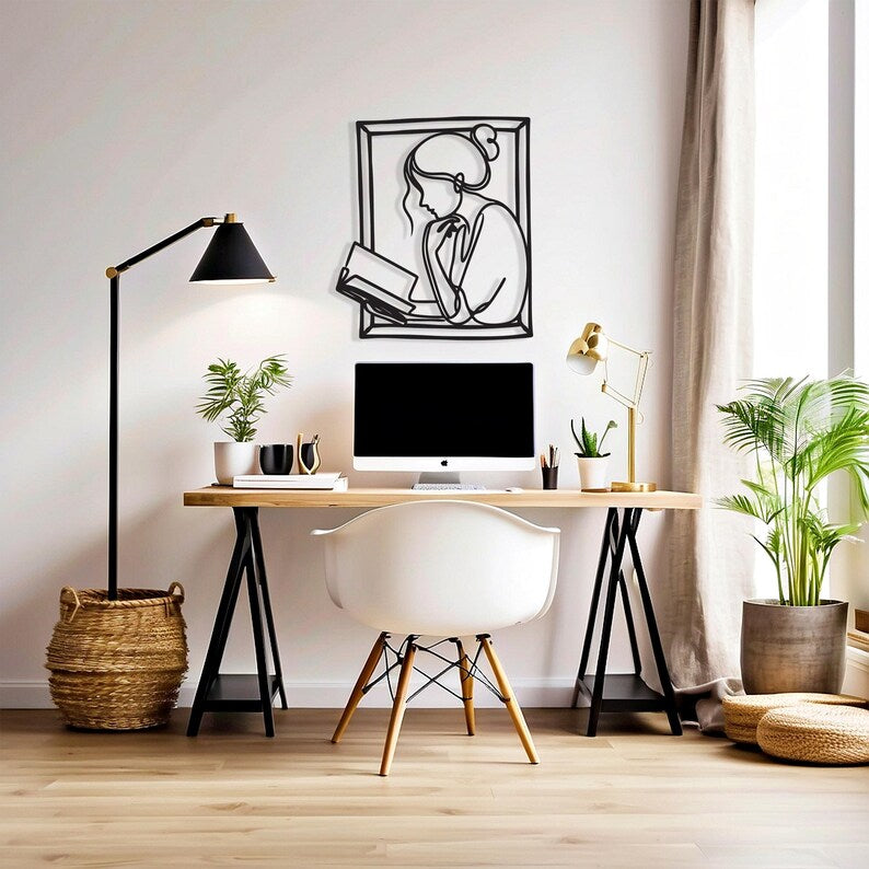 Wooden Wall Art Reading Girl Line Art