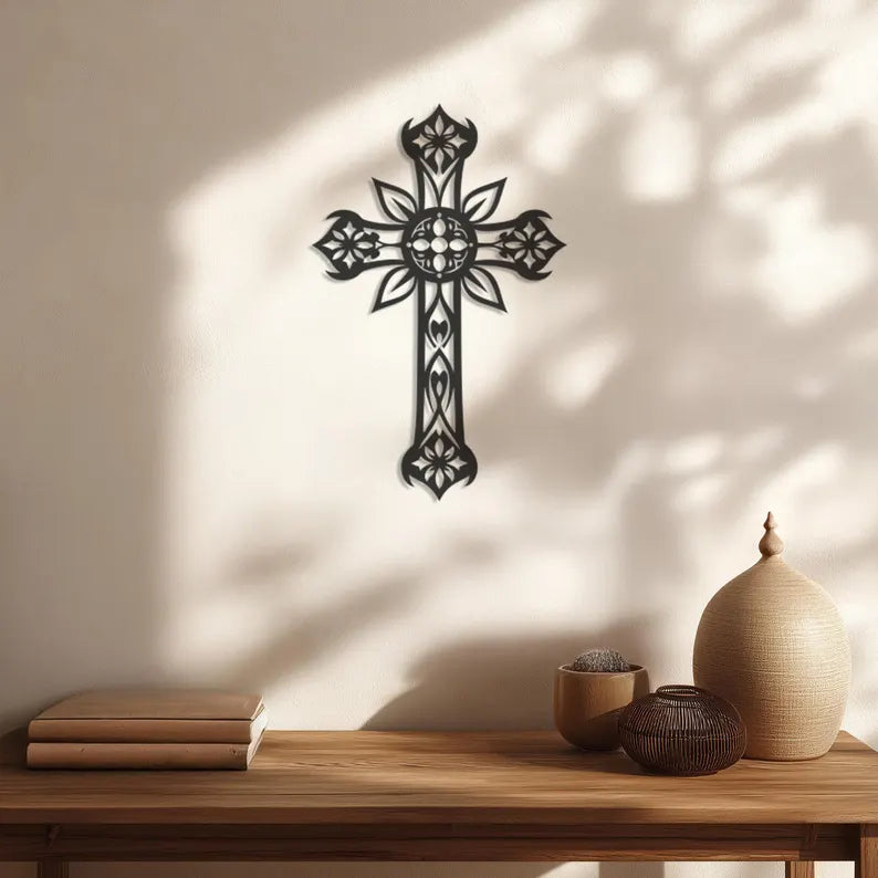 Floral Scroll Cross Wooden Wall Art