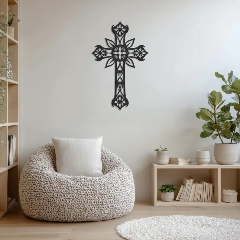 Floral Scroll Cross Wooden Wall Art