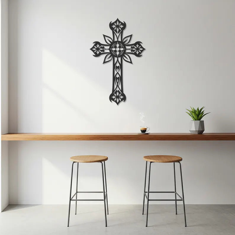 Floral Scroll Cross Wooden Wall Art