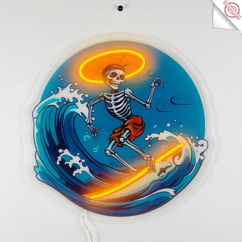 Digital Printed LED Neon Sign: Surfing Skeleton Wall Art
