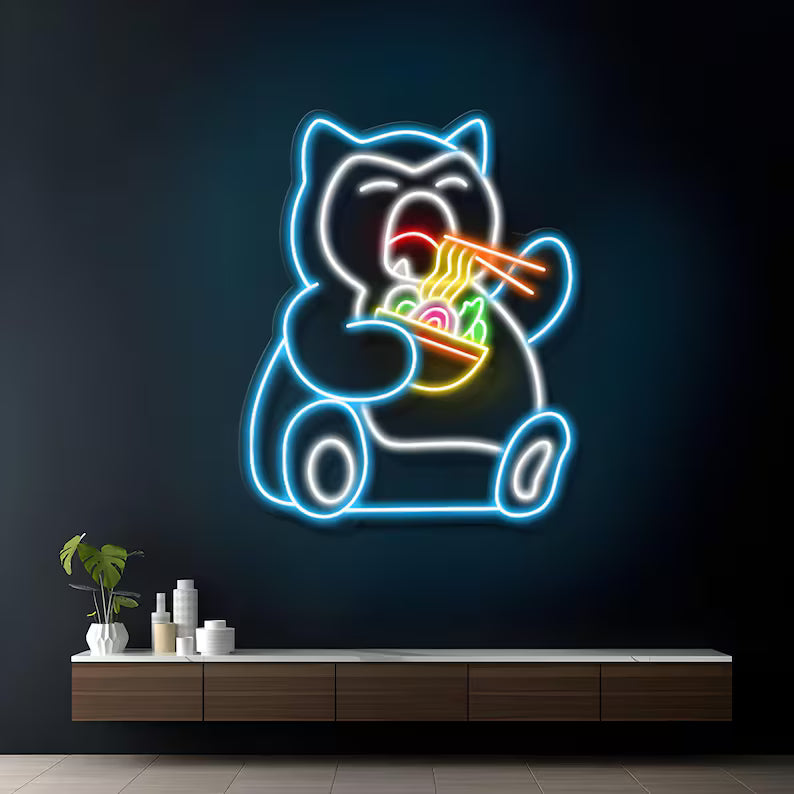 Anime Bear Eating Noodles Digital Neon Sign