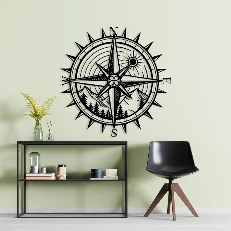 Wooden Compass Wall Art with Mountain Landscape
