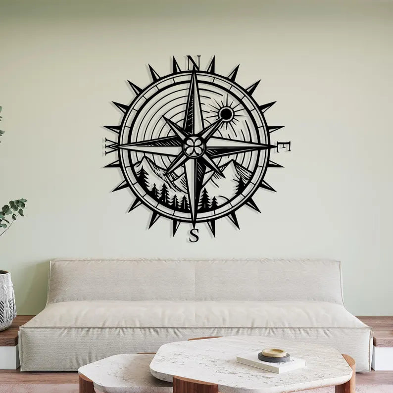 Wooden Compass Wall Art with Mountain Landscape