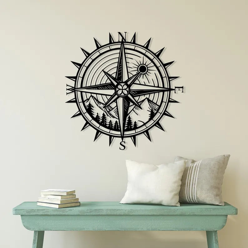 Wooden Compass Wall Art with Mountain Landscape