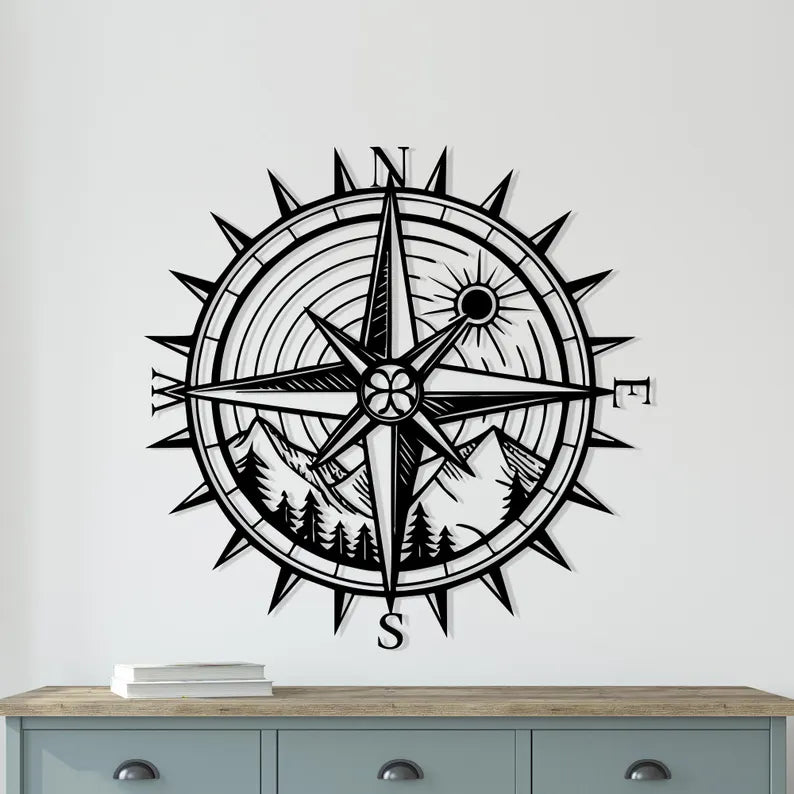 Wooden Compass Wall Art with Mountain Landscape