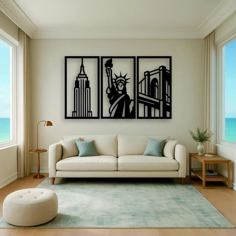 Modern City Skyline Wooden Wall Art Set - 3 Panel