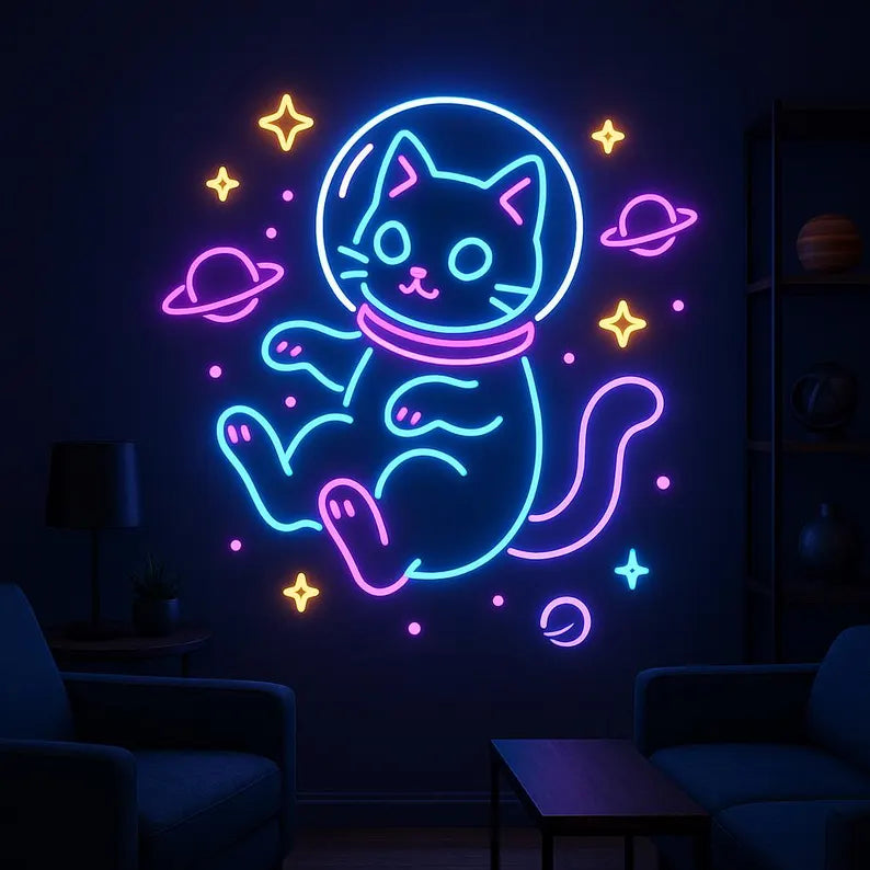 Astronaut Floating Space Cat Neon Sign