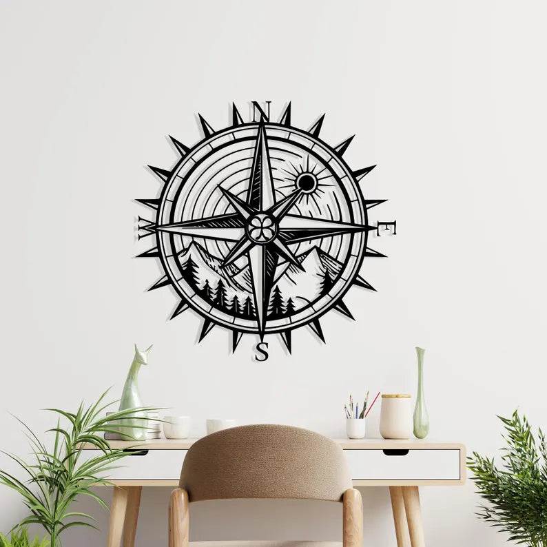 Wooden Compass Wall Art with Mountain Landscape